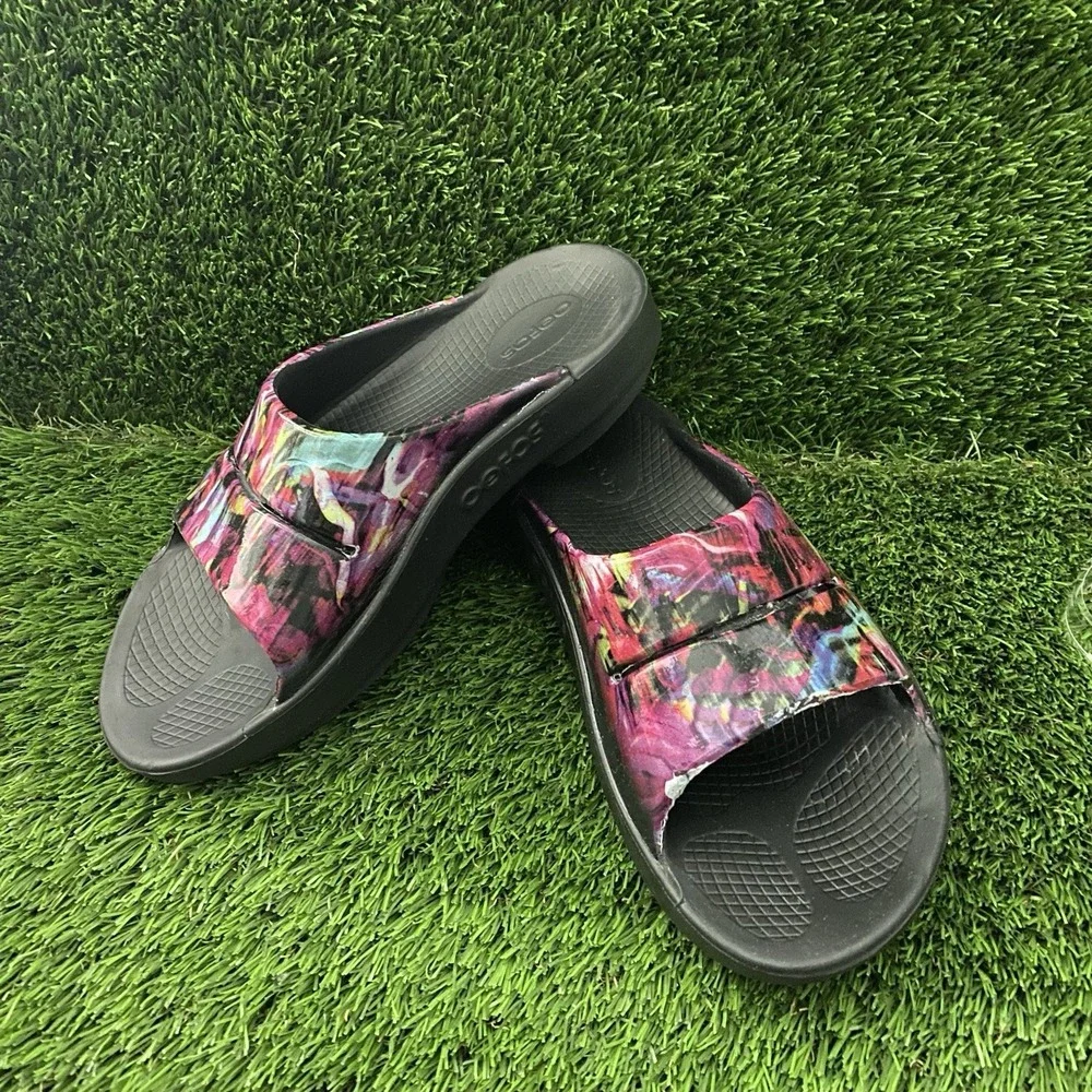 Oofos Brush Fade Sandals Recover Shoes Slides Black Purple M6/W8*